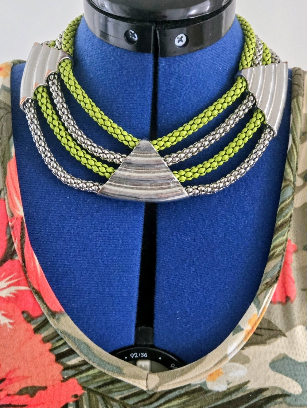 Statement Multistrand Lime Green and Silver Necklace - Women Jewelry. Tiered X 4